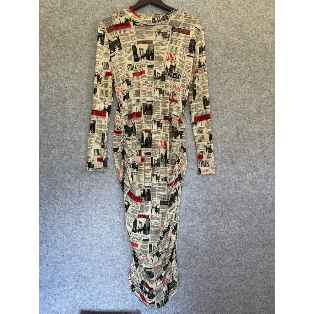 OBJEX Newspaper Print Mesh Ruched Long Sleeve Midi Bodycon Dress Black Red White
